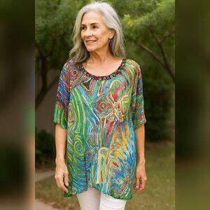 Alberto Makali Artsey Geometric Beaded Semi Sheer Top Women's Sz M